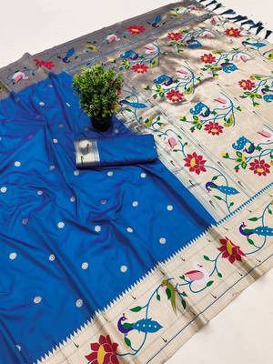 Teal blue faux banarasi silk saree with paithani rich weaved pallu and blouse 2