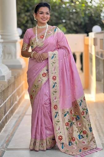 Baby pink  faux banarasi silk saree with paithani rich weaved pallu and blouse