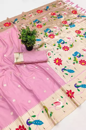 Baby pink faux banarasi silk saree with paithani rich weaved pallu and blouse