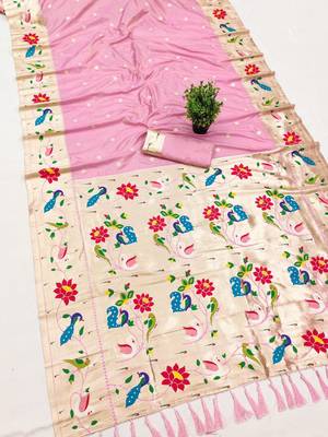 Baby pink faux banarasi silk saree with paithani rich weaved pallu and blouse 3