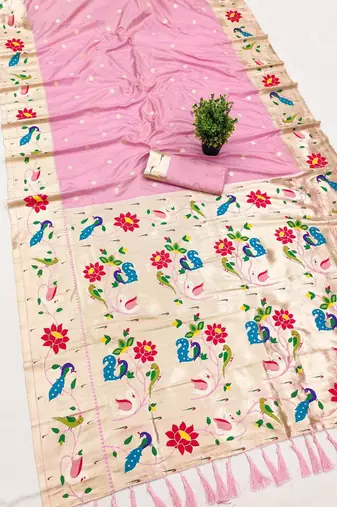 Baby pink faux banarasi silk saree with paithani rich weaved pallu and blouse