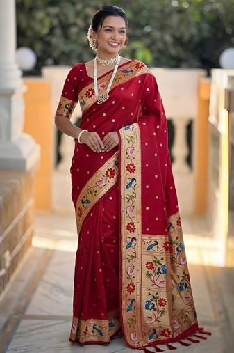 Red  faux banarasi silk saree with paithani rich weaved pallu and blouse