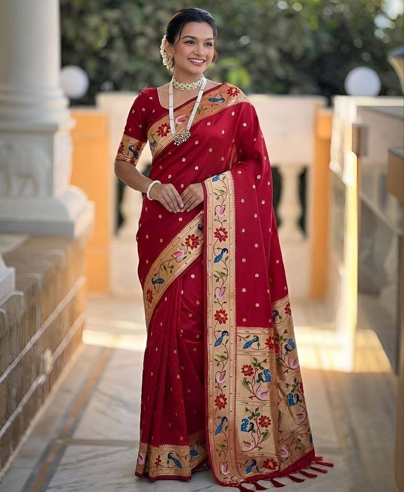 Red  faux banarasi silk saree with paithani rich weaved pallu and blouse