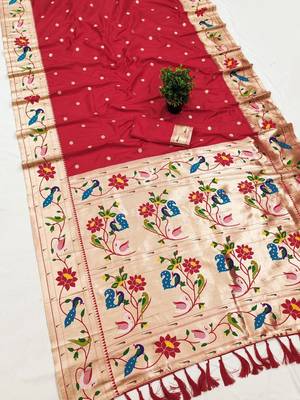 Red faux banarasi silk saree with paithani rich weaved pallu and blouse 2