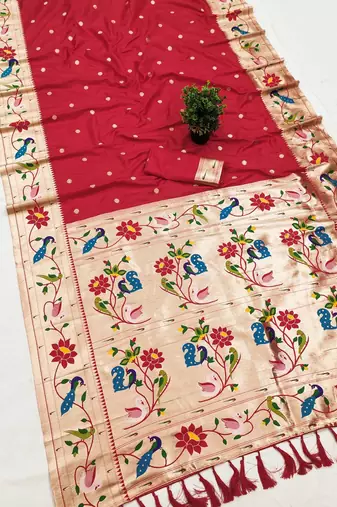 Red faux banarasi silk saree with paithani rich weaved pallu and blouse