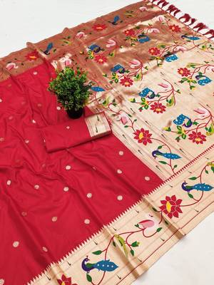 Red faux banarasi silk saree with paithani rich weaved pallu and blouse 3