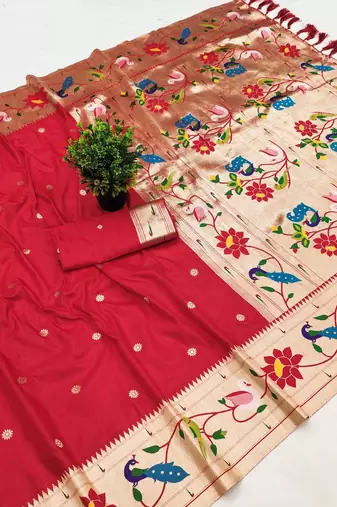 Red faux banarasi silk saree with paithani rich weaved pallu and blouse