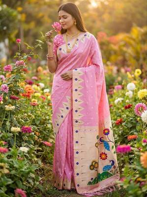 Baby pink faux banarasi silk saree with paithani rich weaved pallu and blouse 1