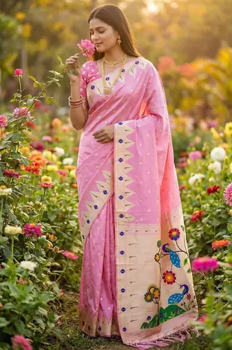 Baby pink  faux banarasi silk saree with paithani rich weaved pallu and blouse