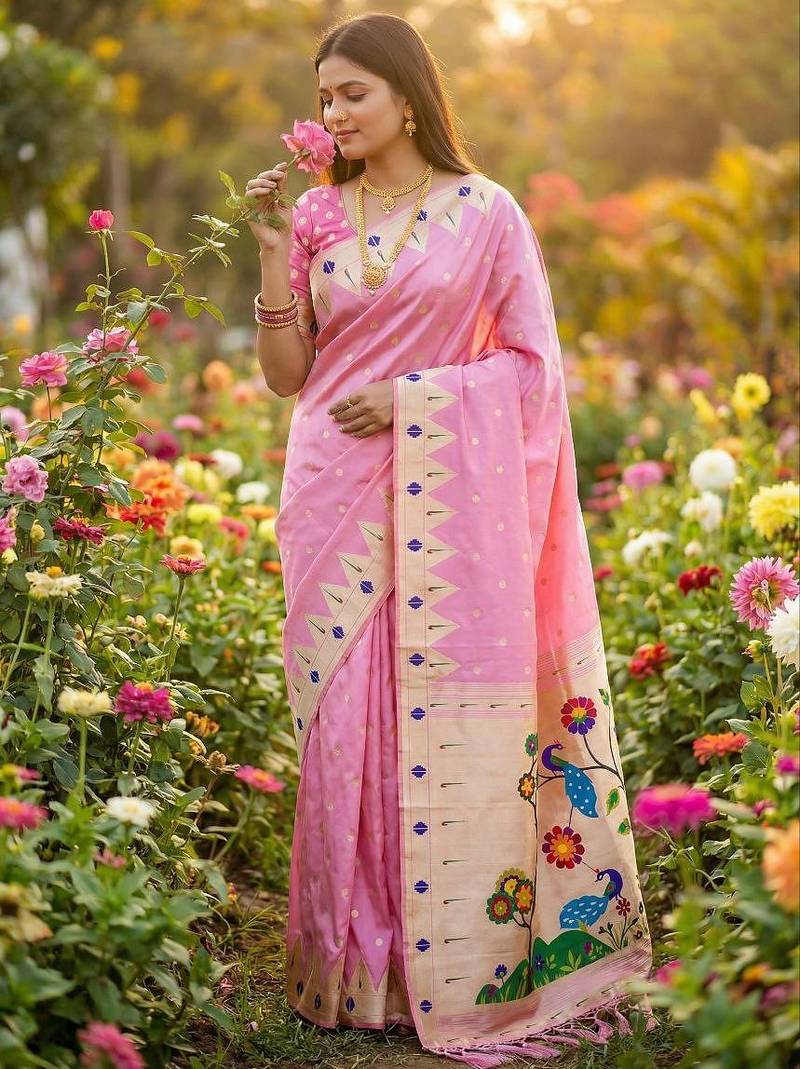 Baby pink  faux banarasi silk saree with paithani rich weaved pallu and blouse