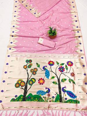 Baby pink faux banarasi silk saree with paithani rich weaved pallu and blouse 2