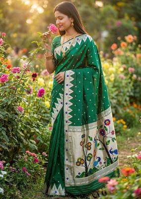 Green faux banarasi silk saree with paithani rich weaved pallu and blouse 1
