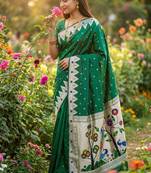 Green faux banarasi silk saree with paithani rich weaved pallu and blouse