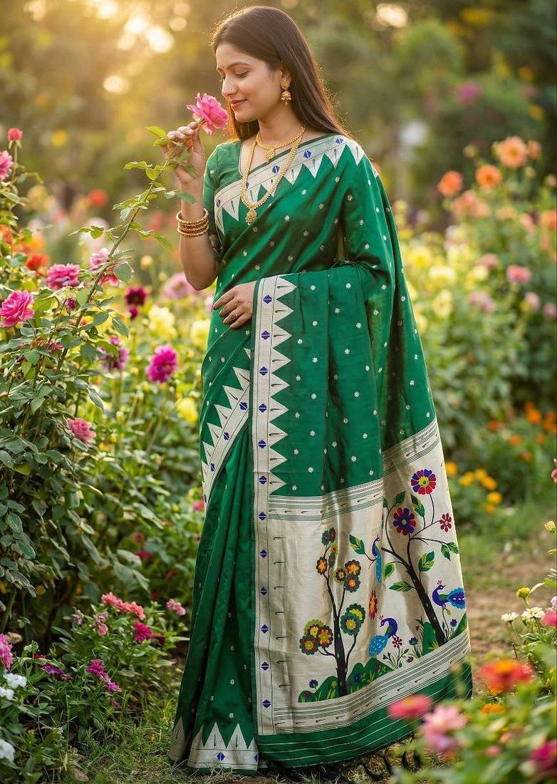 Green  faux banarasi silk saree with paithani rich weaved pallu and blouse