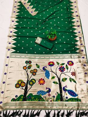 Green faux banarasi silk saree with paithani rich weaved pallu and blouse 2