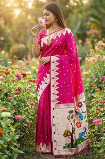 Pink  faux banarasi silk saree with paithani rich weaved pallu and blouse