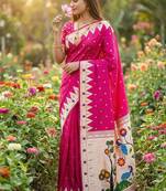 Pink faux banarasi silk saree with paithani rich weaved pallu and blouse