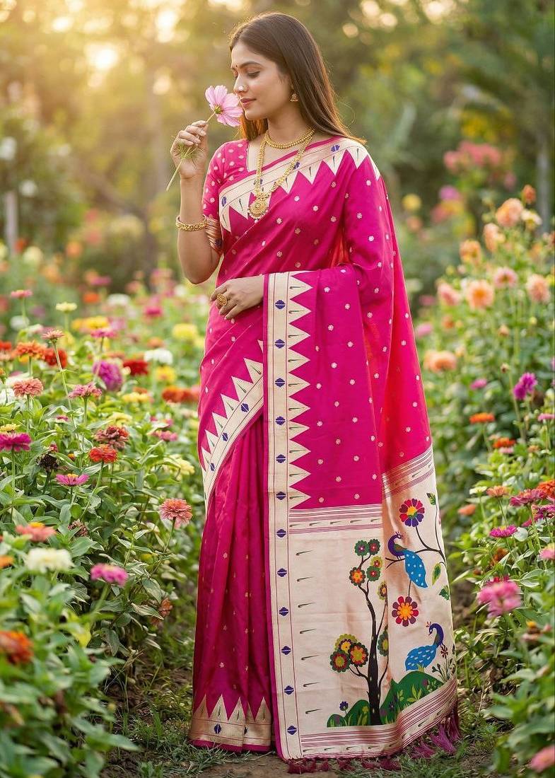 Pink  faux banarasi silk saree with paithani rich weaved pallu and blouse