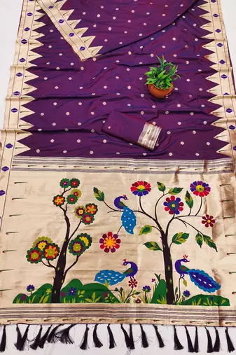 Wine faux banarasi silk saree with paithani rich weaved pallu and blouse