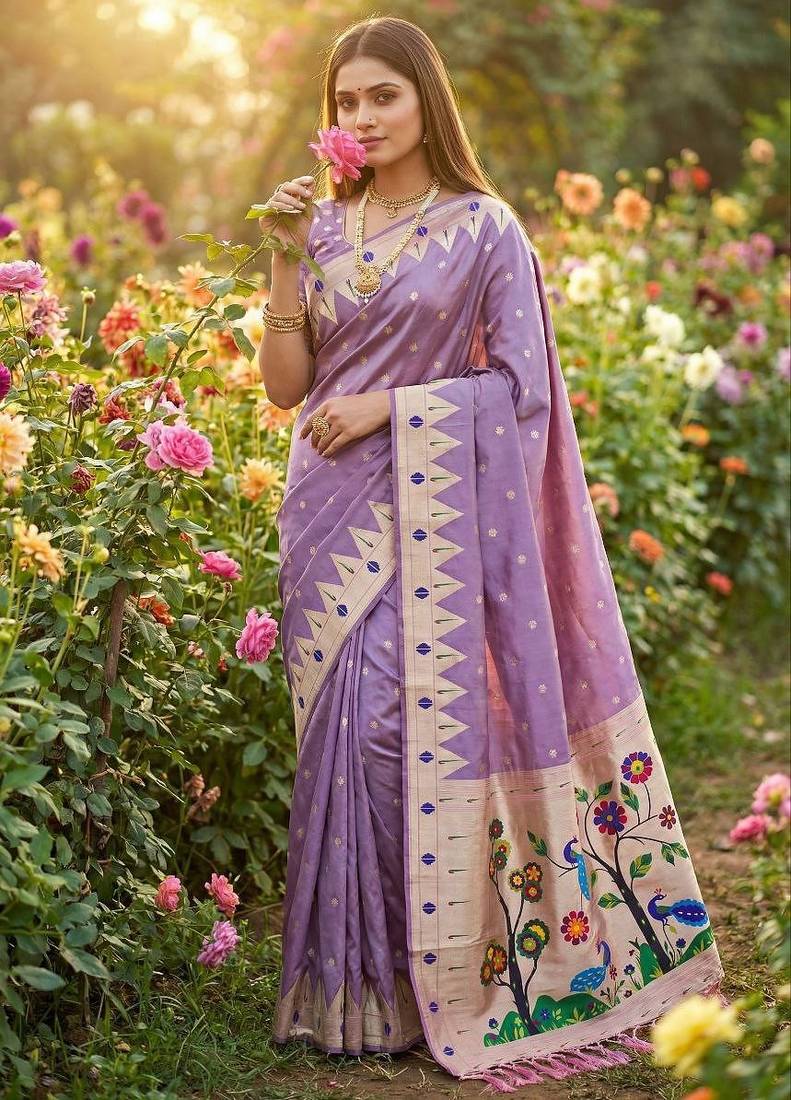 Lavender faux banarasi silk saree with paithani rich weaved pallu and blouse