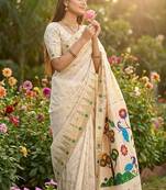 Off white faux banarasi silk saree with paithani rich weaved pallu and blouse