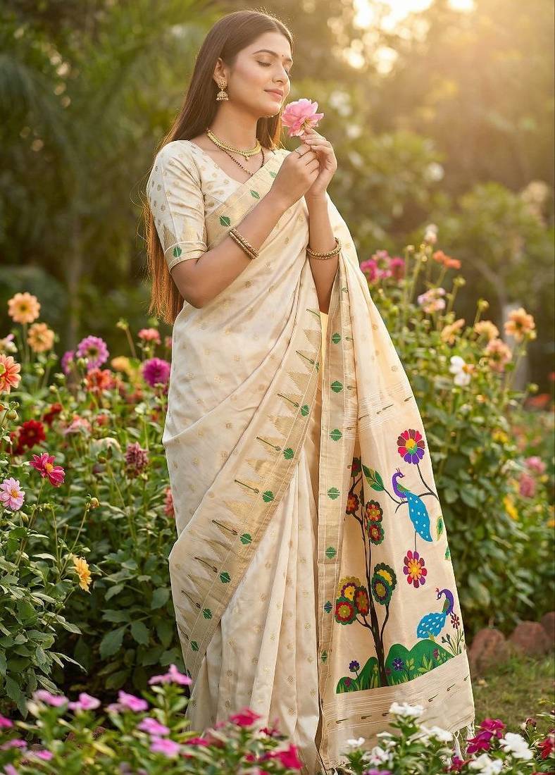 Off white faux banarasi silk saree with paithani rich weaved pallu and blouse