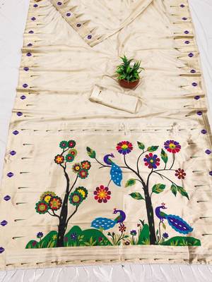 Off white faux banarasi silk saree with paithani rich weaved pallu and blouse 2