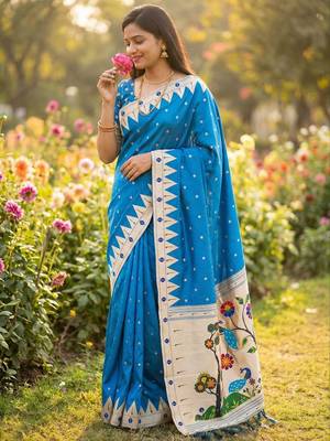 Teal blue faux banarasi silk saree with paithani rich weaved pallu and blouse 1