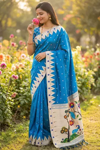 Teal blue  faux banarasi silk saree with paithani rich weaved pallu and blouse
