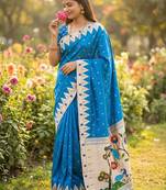 Teal blue  faux banarasi silk saree with paithani rich weaved pallu and blouse