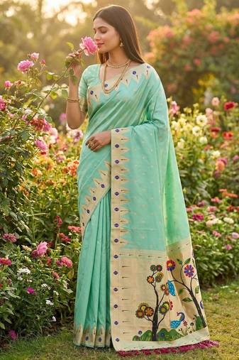 Sea green  faux banarasi silk saree with paithani rich weaved pallu and blouse