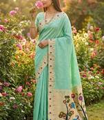 Sea green  faux banarasi silk saree with paithani rich weaved pallu and blouse