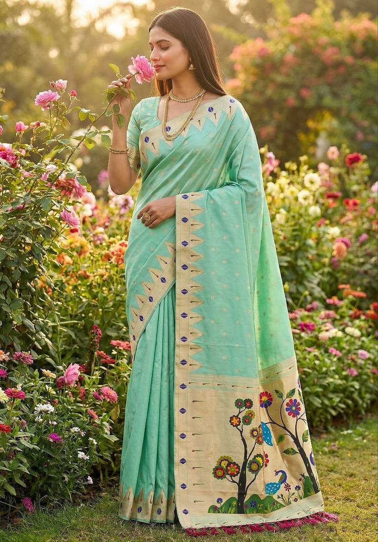 Sea green  faux banarasi silk saree with paithani rich weaved pallu and blouse
