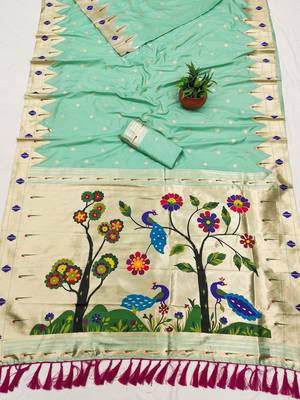 Sea green faux banarasi silk saree with paithani rich weaved pallu and blouse 2
