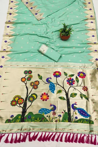 Sea green faux banarasi silk saree with paithani rich weaved pallu and blouse