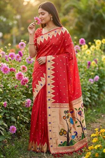 Red  faux banarasi silk saree with paithani rich weaved pallu and blouse