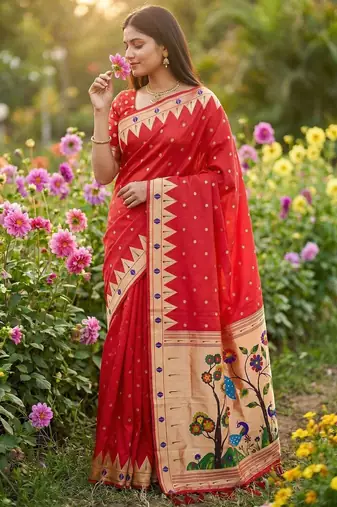 Red  faux banarasi silk saree with paithani rich weaved pallu and blouse