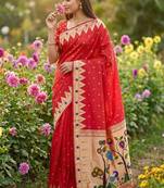 Red faux banarasi silk saree with paithani rich weaved pallu and blouse
