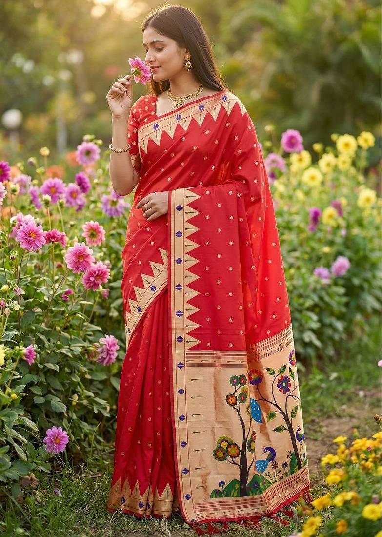 Red  faux banarasi silk saree with paithani rich weaved pallu and blouse