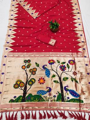 Red faux banarasi silk saree with paithani rich weaved pallu and blouse 2