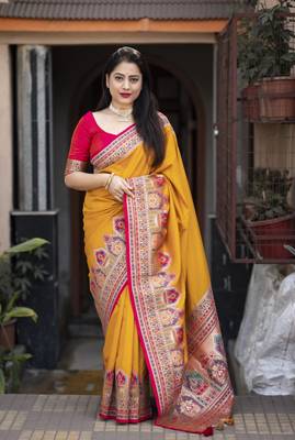 Yellow soft silk saree with unstitched blouse piece 1
