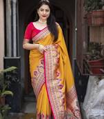 Yellow soft silk saree with unstitched blouse piece