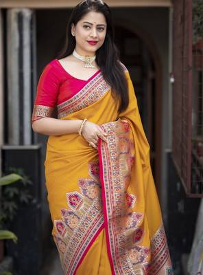 Yellow soft silk saree with unstitched blouse piece 2
