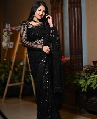 Black net embroidery work saree with unstitched blouse piece 1