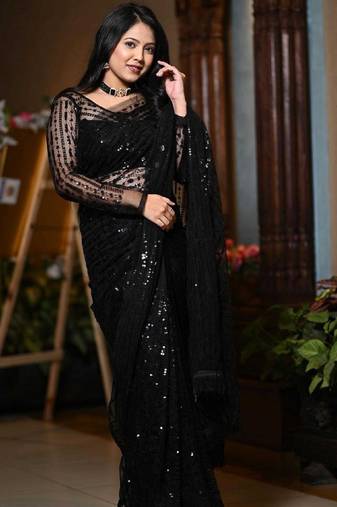 Black net embroidery work saree with unstitched blouse piece