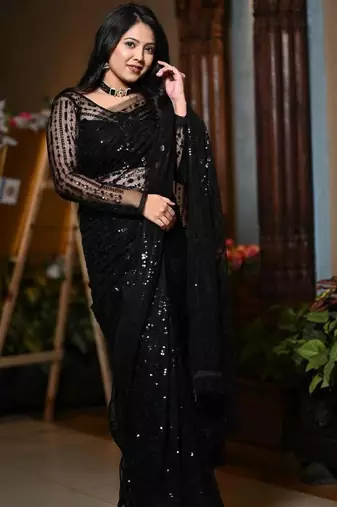 Black net embroidery work saree with unstitched blouse piece