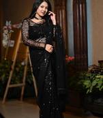 Black net embroidery work saree with unstitched blouse piece