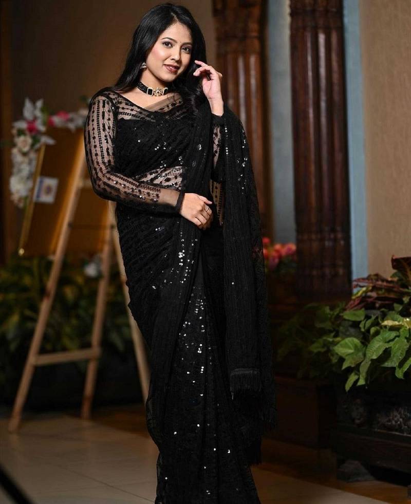 Black net embroidery work saree with unstitched blouse piece
