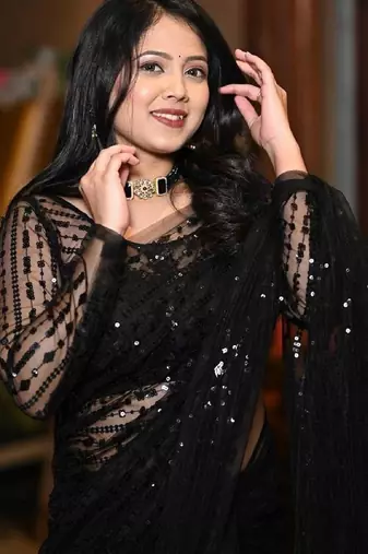 Black net embroidery work saree with unstitched blouse piece