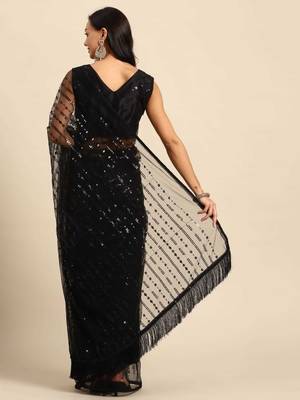 Black net embroidery work saree with unstitched blouse piece 3